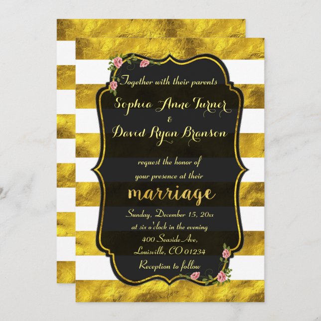 Floral Gold Foil Stripes Black Wedding Invitation (Front/Back)