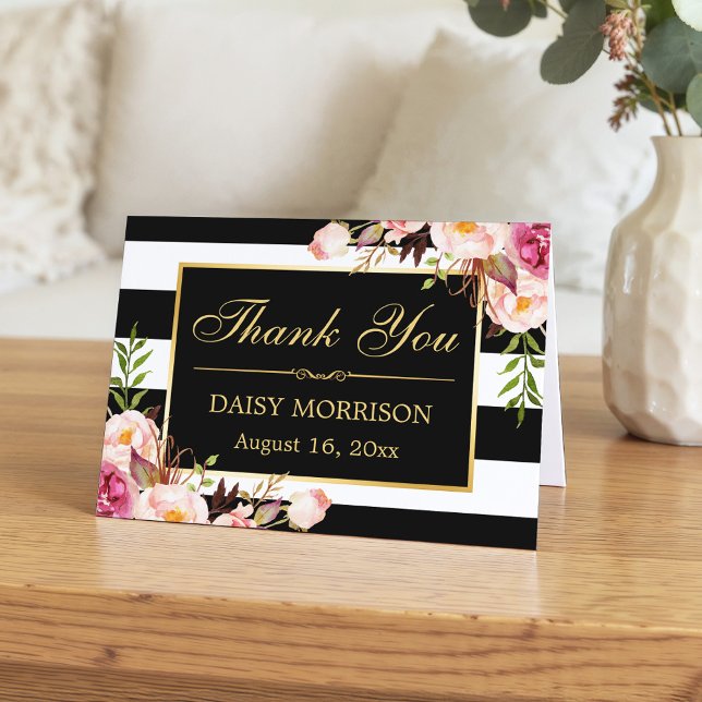 Floral Gold Frame Black White Stripes Thank You Card (Creator Uploaded)