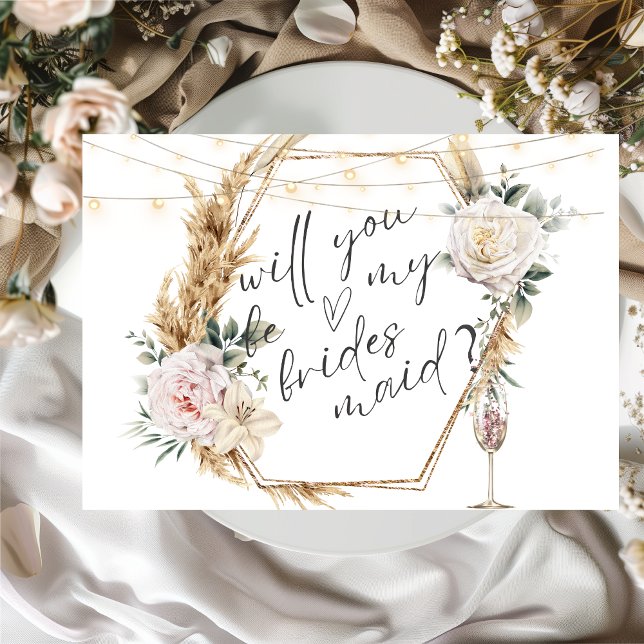 Floral Gold Frame Champagne Glass Bridesmaid Card (Creator Uploaded)