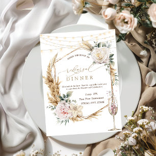 Floral Gold Frame Champagne Glass Rehearsal Dinner Invitation