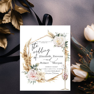 Floral Gold Frame Champagne Glass Wedding Invitation
