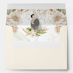 Floral Gold Frame GREEN & BEIGE Islamic Wedding  Envelope