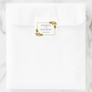 Floral Gold Frame Wedding Square Sticker
