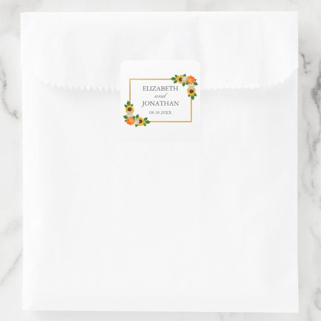 Floral Gold Frame Wedding Square Sticker (Bag)