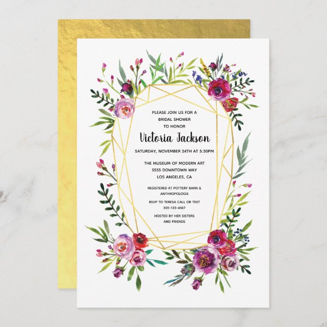 Floral Gold Geometric Crystal Bridal Shower Invitation (Front/Back)