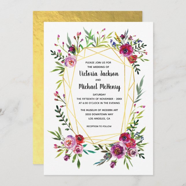 Floral Gold Geometric Crystal Wedding Invitation (Front/Back)
