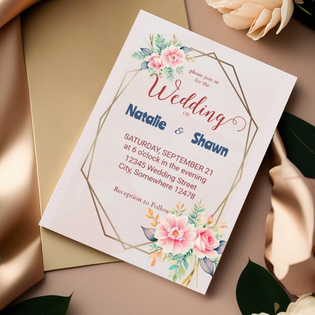 Floral gold geometric frame Wedding Invitation (Creator Uploaded)