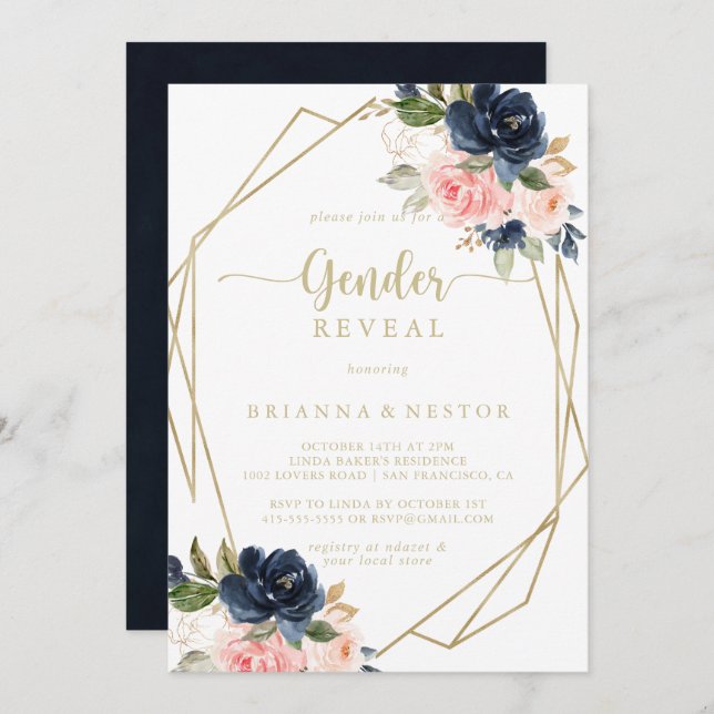 Floral Gold Geometric Gender Reveal Party  Invitation (Front/Back)