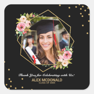 Floral Gold Geometric Graduation Thank You Favour Square Sticker