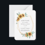 Floral Gold Geometric Sunflower Save The Date Card<br><div class="desc">Plan your perfect wedding this season with our bright sunflower theme save the date note cards. Featuring sunflower bloom and gold effect geometric frame, this card can be easily customised for your special occasion such as a bridal shower, engagement party, birthday party, anniversaries, family reunions, and any special occasion you...</div>
