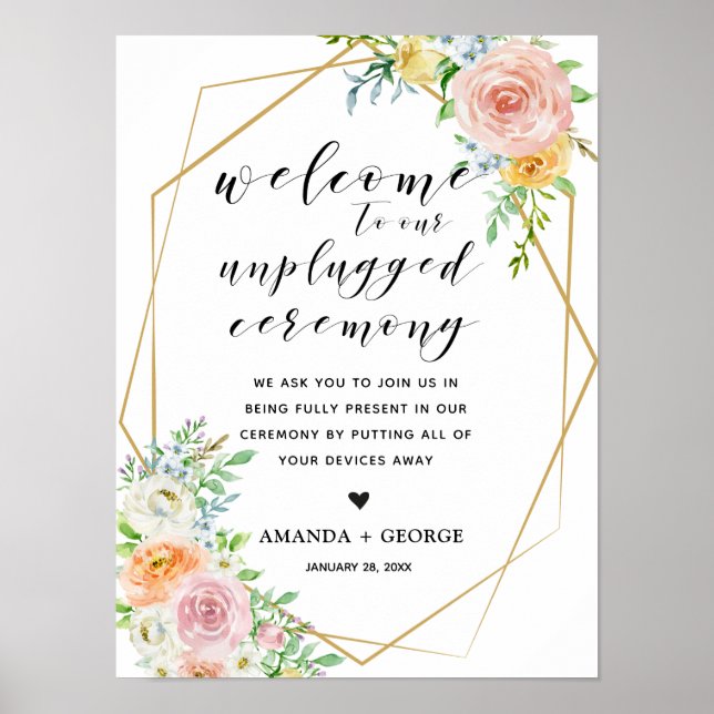 Floral gold geometric unplugged ceremony sign (Front)