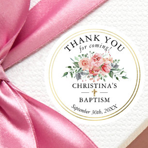 Floral Gold Girl Christening Baptism Thank You Classic Round Sticker
