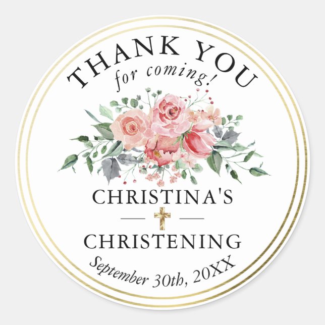 Floral Gold Girl Christening Baptism Thank You Classic Round Sticker (Front)