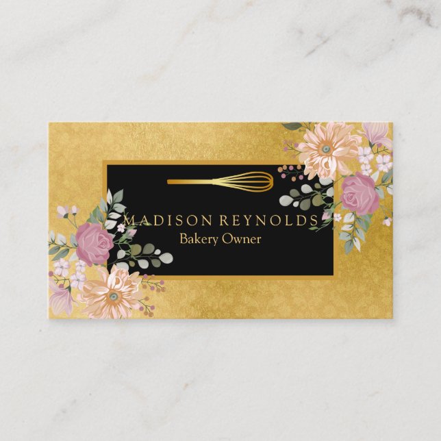Floral Gold Glitter Bakery Chef Whisk Logo Busines Business Card (Front)