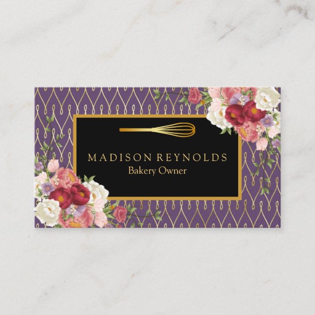 Floral Gold Glitter Bakery Chef Whisk Logo Business Card (Front)
