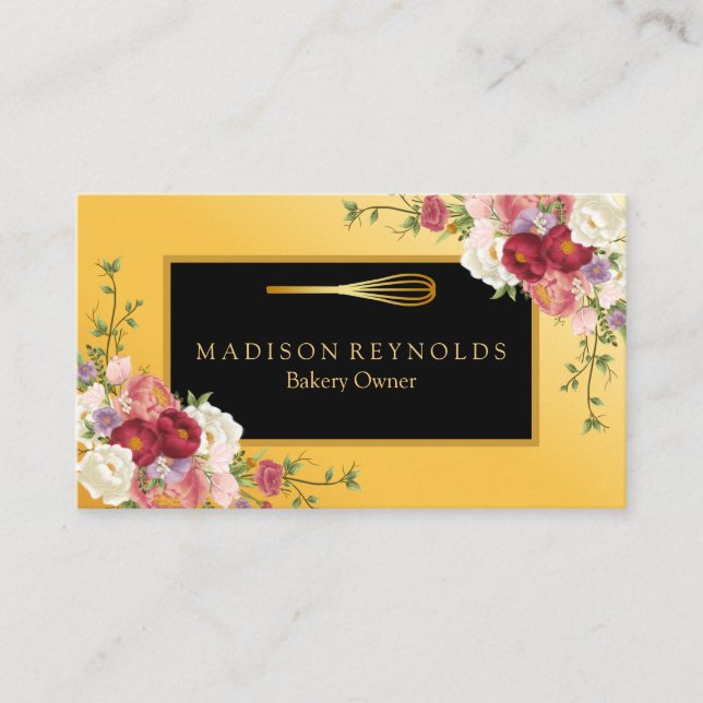 Floral Gold Glitter Bakery Chef Whisk Logo Business Card (Front)