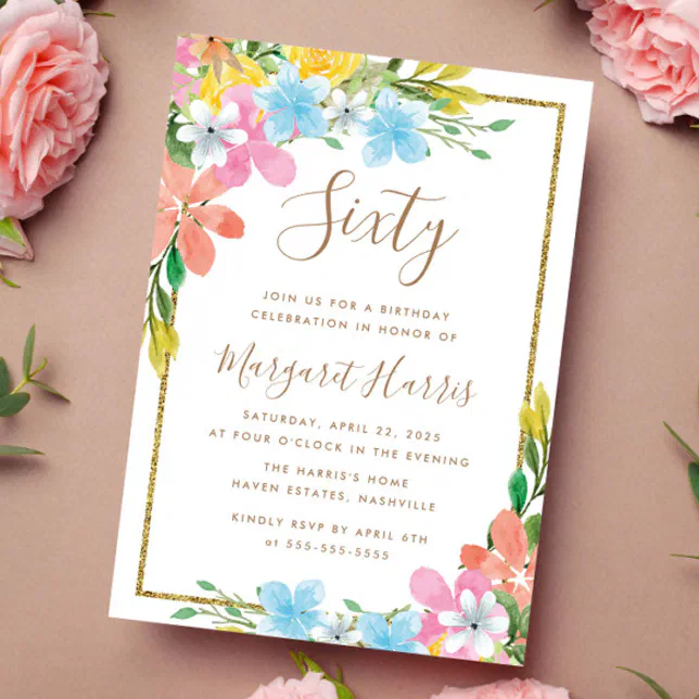Border Design 60th Floral Gold Glitter Border 60th Sixty Birthday Invitation | Zazzle