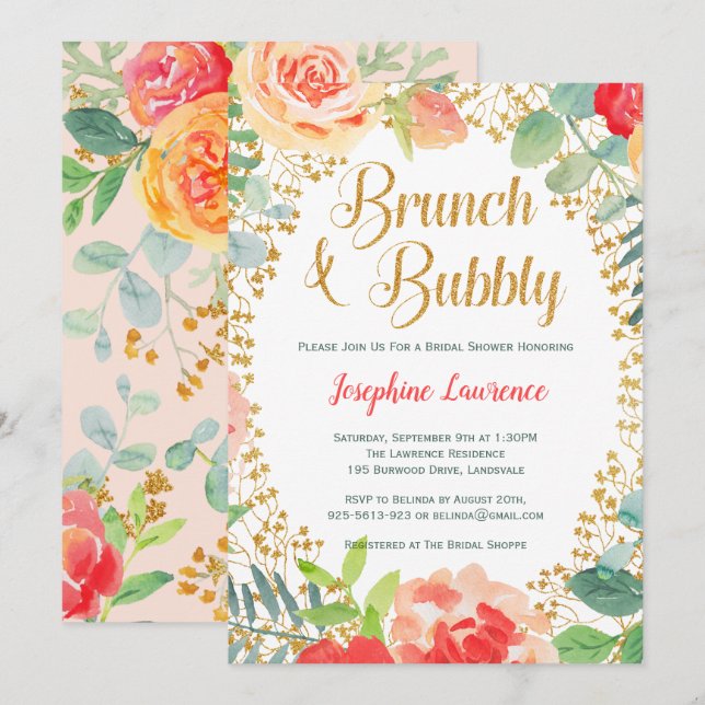 Floral & Gold Glitter Brunch Bridal Shower Invites (Front/Back)