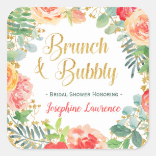 Floral & Gold Glitter Brunch Bridal Shower Square Sticker