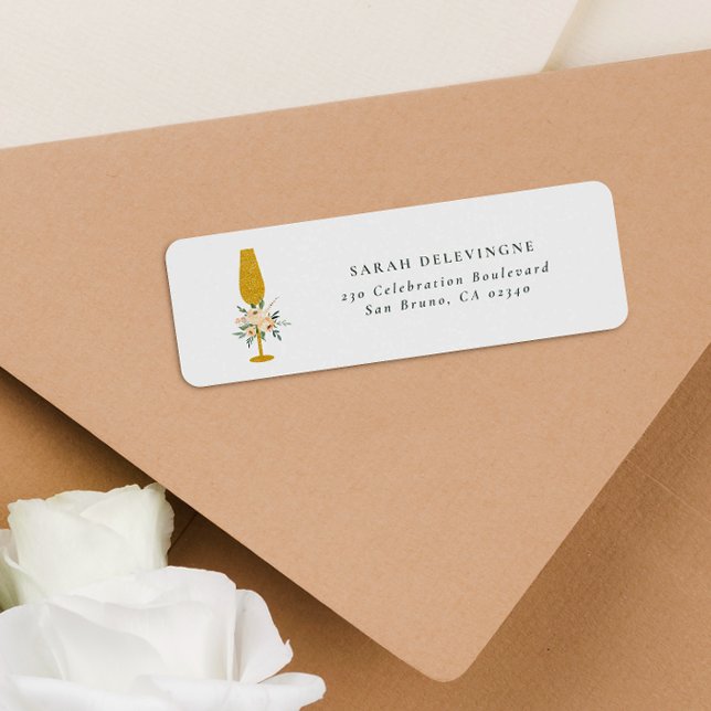Floral Gold Glitter Champagne Flute Return Address Label (Return Address Label Mock-up)