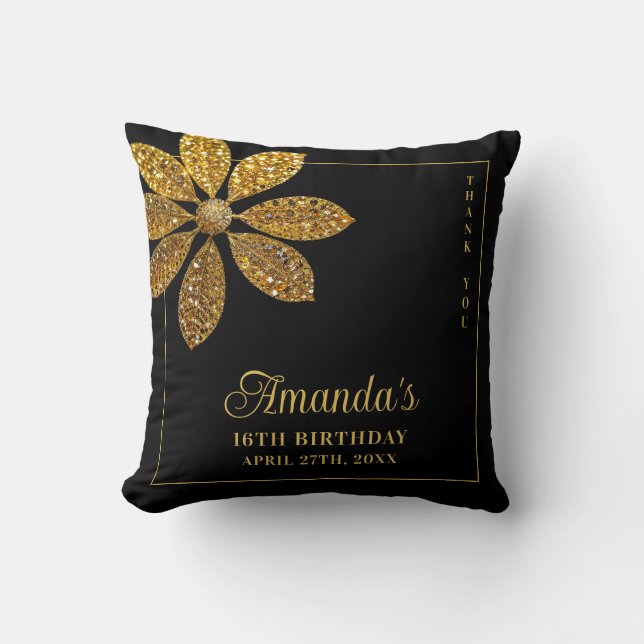 Floral Gold Glitter Flower Sweet 16 Birthday Cushion (Front)