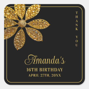 Floral Gold Glitter Flower Sweet 16 Birthday Square Sticker