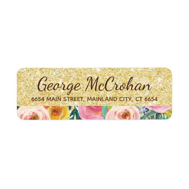 Floral Gold Glitter Foil Return Address Label (Front)