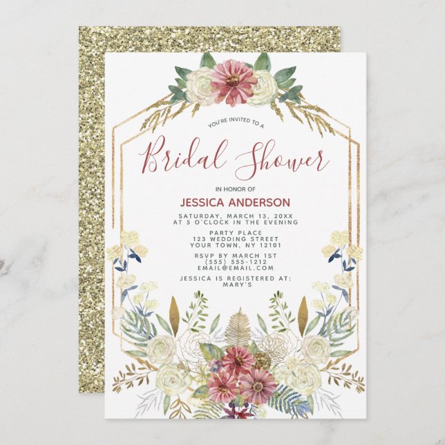 Floral Gold Glitter Geometric Bridal Shower Invitation (Front/Back)