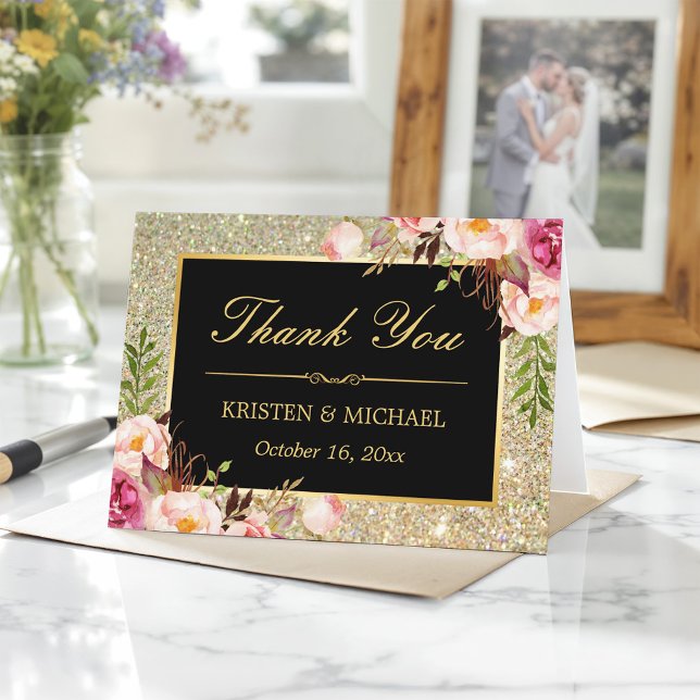 Floral Gold Glitter Sparkles Thank You Card (Creator Uploaded)