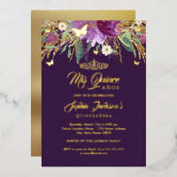 Floral Gold Glitter Sparkling Amethyst Quinceanera