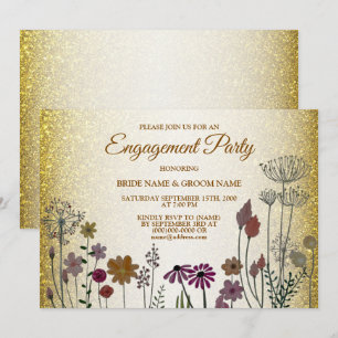 Floral Gold Glitter Wedding Engagement Party Invitation