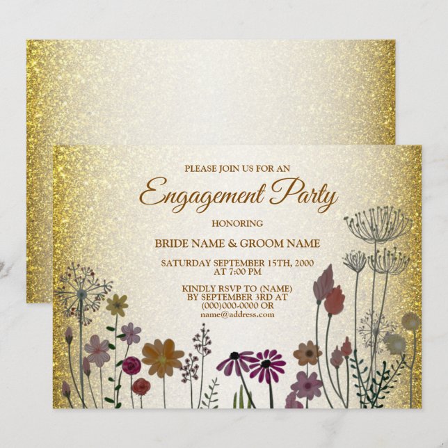 Floral Gold Glitter Wedding Engagement Party Invitation (Front/Back)