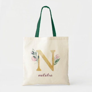 Floral Gold Greenery Purple Personalised Monogram Tote Bag