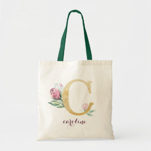 Floral Gold Greenery Purple Personalised Monogram Tote Bag