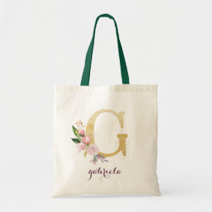Floral Gold Greenery Purple Personalised Monogram Tote Bag