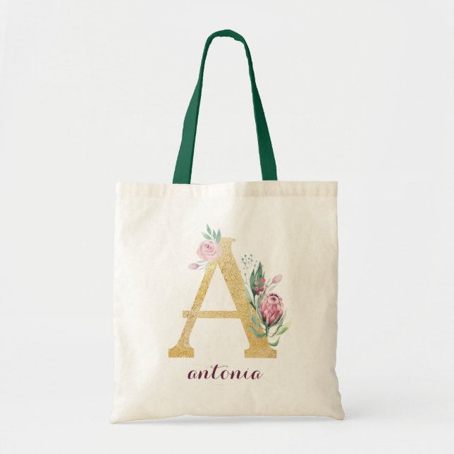 Floral Gold Greenery Purple Personalised Monogram Tote Bag (Front)