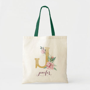 Floral Gold Greenery Purple Personalised Monogram Tote Bag