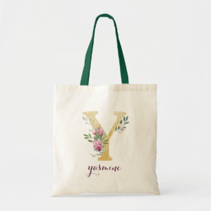 Floral Gold Greenery Purple Personalised Monogram Tote Bag