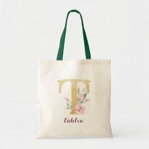Floral Gold Greenery Purple Personalized Monogram Tote Bag