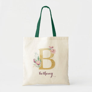 Floral Gold Greenery Purple Personalized Monogram Tote Bag
