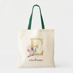 Floral Gold Greenery Purple Personalized Monogram Tote Bag