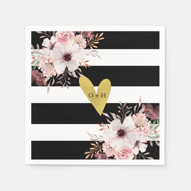 Floral Gold Heart Black White Wedding Paper Napkin (Front)