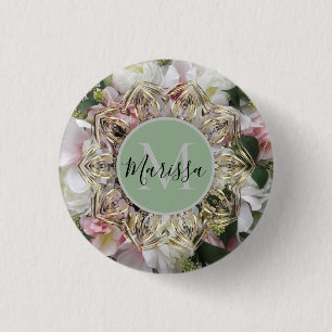 Floral Gold Hexagon Mandala Monogram   3 Cm Round Badge
