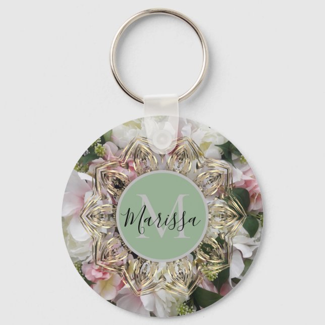 Floral Gold Hexagon Mandala Monogram  Key Ring (Front)