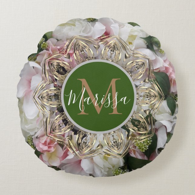 Floral Gold Hexagon Mandala Monogram Round Pillow (Front)