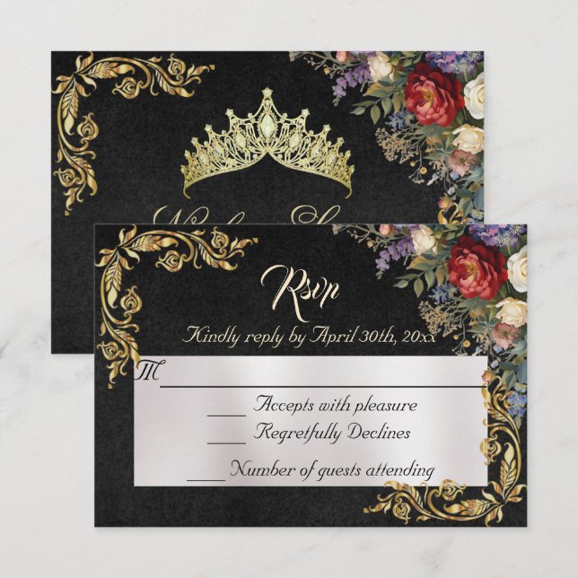 Floral & Gold Leaves - Black RSVP Card (Front/Back)