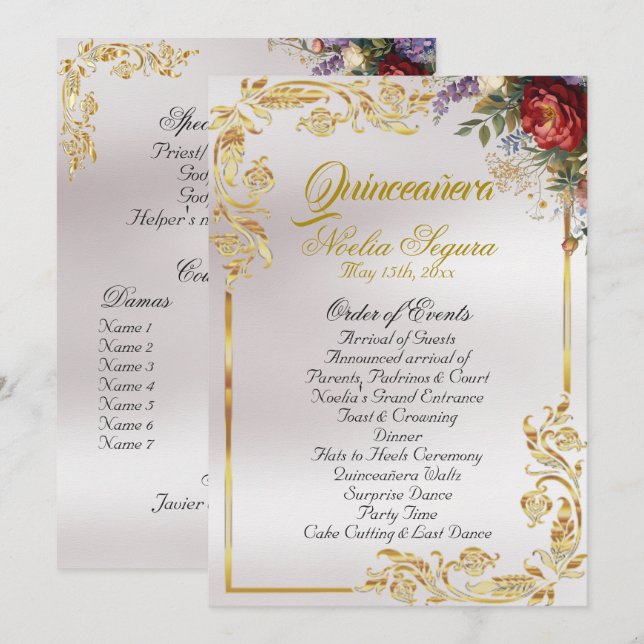 Floral & Gold Leaves - Pearl Quinceanera Program (Front/Back)