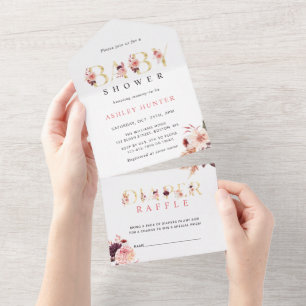Floral Gold Letter Baby Shower   Diaper Raffle  All In One Invitation