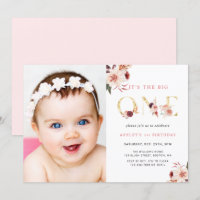 Floral Gold Letter Elegant First Birthday Photo 