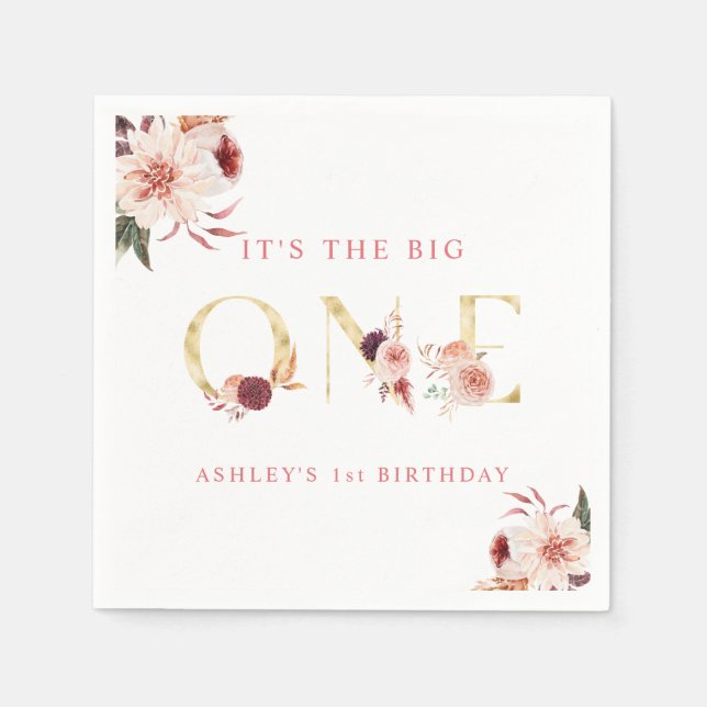Floral Gold Letter Elegant Girl First Birthday  Napkin (Front)